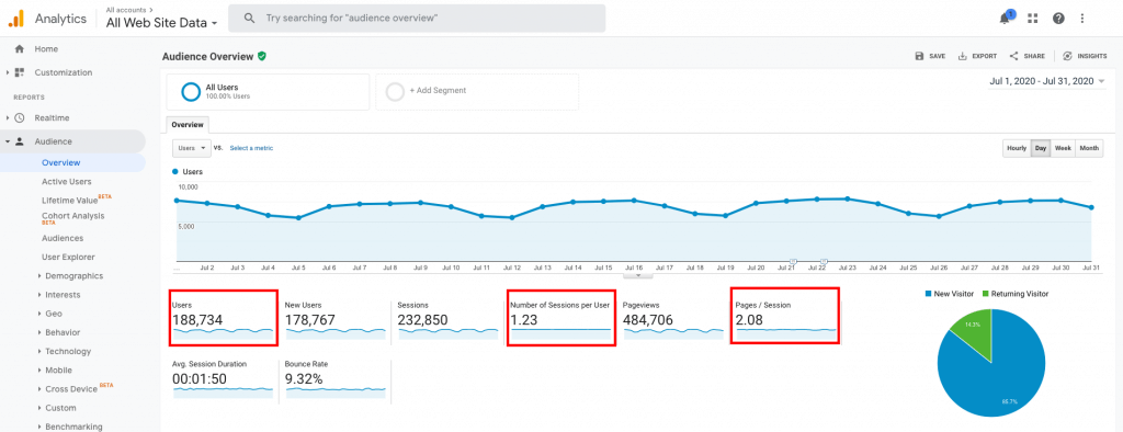 Google Analytics audience overview data