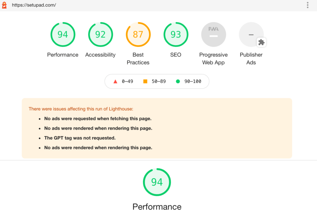 lighthouse performance report