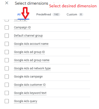 Select desired dimension