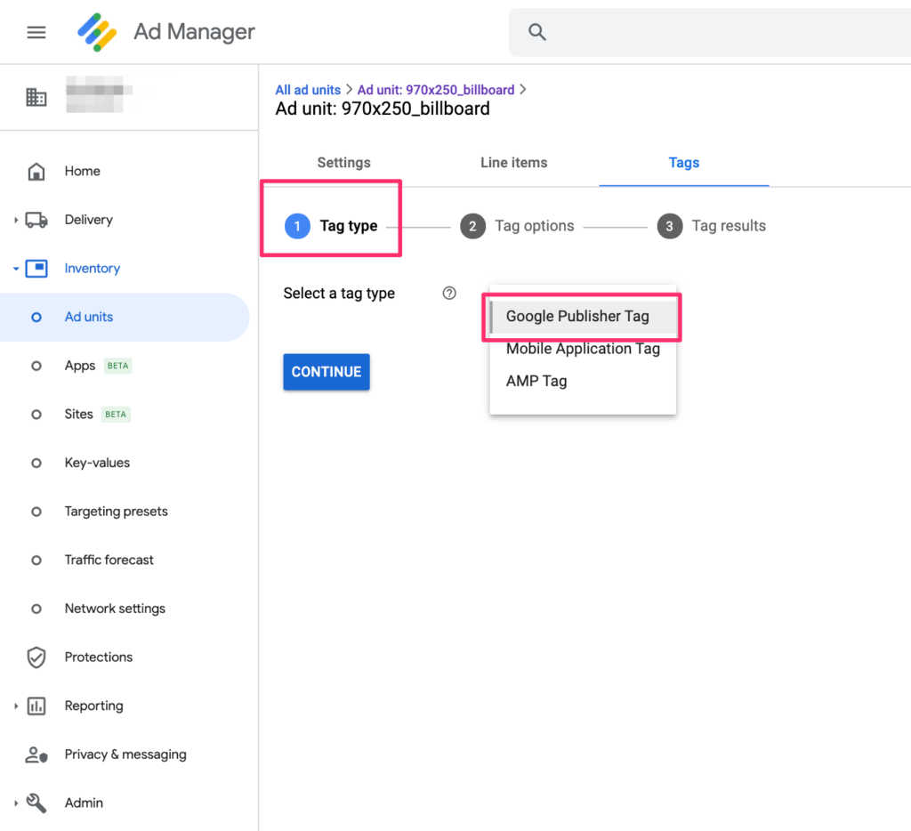 google ad manager google publisher tag selection
